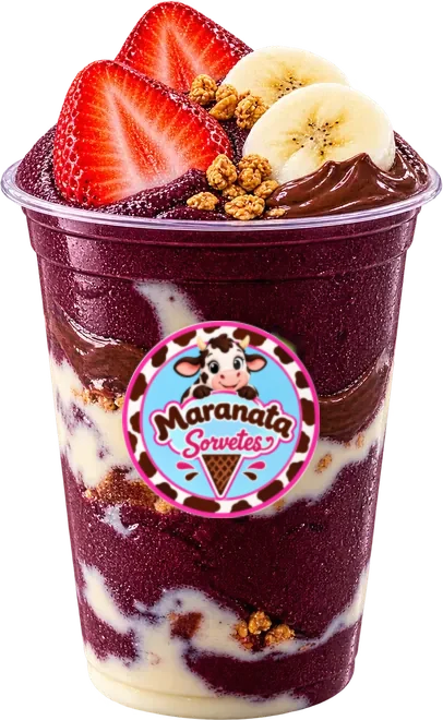 Copo de açaí da Maranata com morango, banana e granola